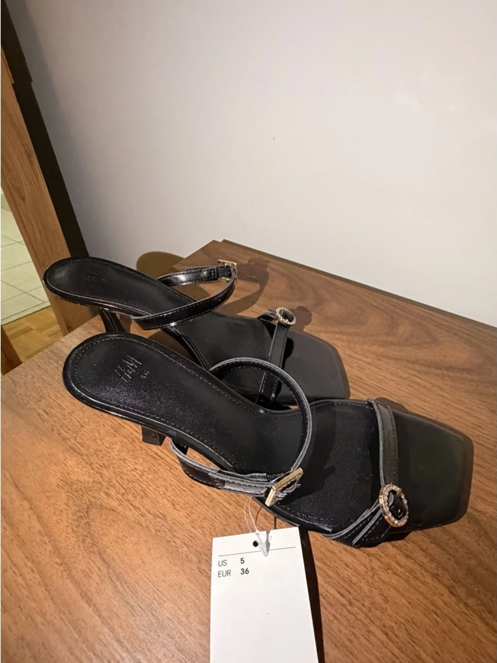 H&M Black Patent Strappy Mid-Heel Sandals with Gold Buckle - Picture 5 of 6